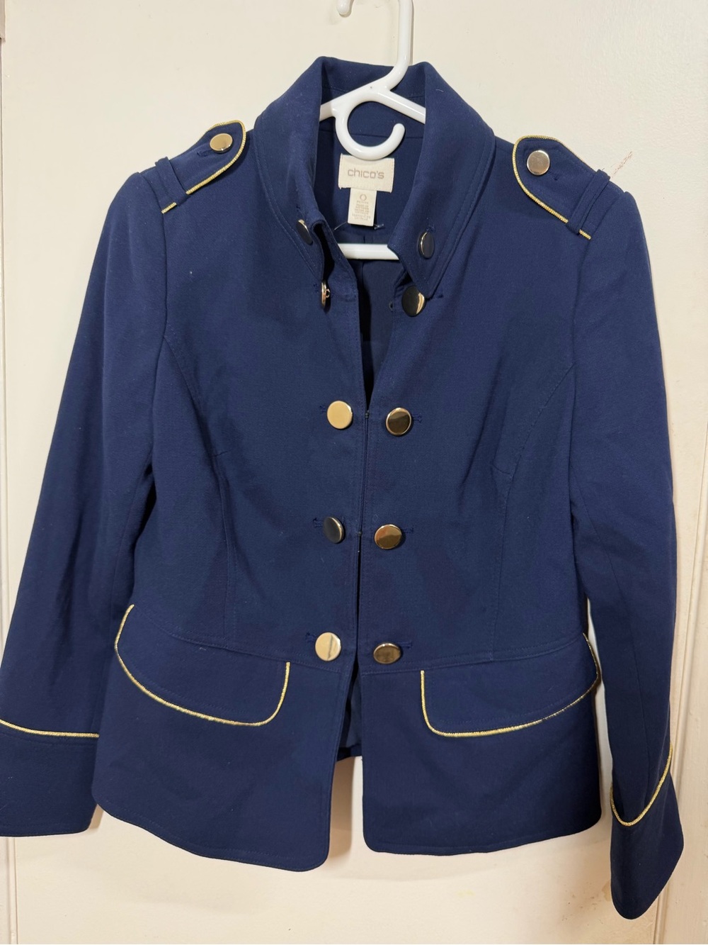Chico's Navy Military Blazer with Gold Piping and Buttons preppy office 4 Petite